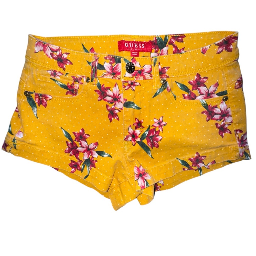25 GUESS Mustard Yellow Floral Print Denim Short Shorts Hemmed Cuff